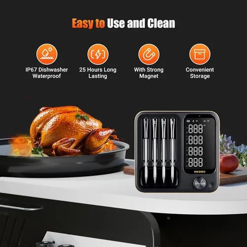 Vista 8 de Termómetro inalámbrico para carne con 4 sondas WiFi con base independiente de pantalla LCD legible en 360°, WiFi y Bluetooth 5.3 de alcance