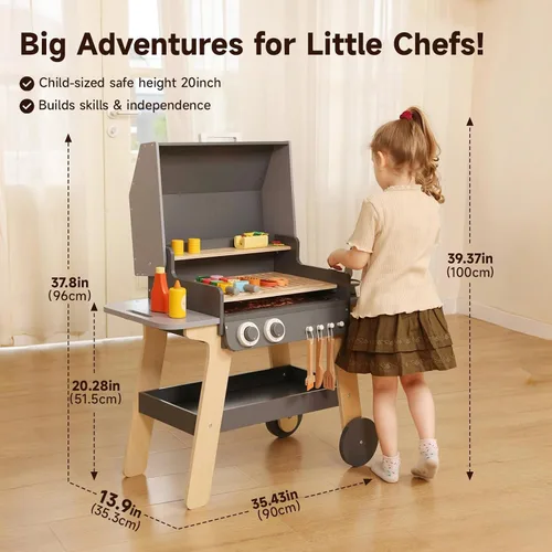 Vista 5 de Juego de barbacoa para niños, juguete de cocina para niños pequeños y niños de 3 a 8 años, juguetes de cocina de madera para interiores