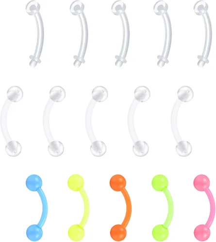 Vista 13 de FECTAS Aretes de plástico flexible transparente de 16G y 14G, anillos para cejas, barras curvadas, retenedores para piercing de vientre, 15