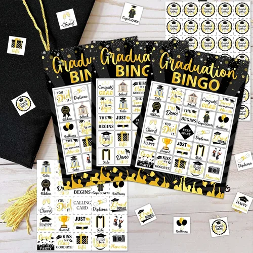 Vista 3 de Juegos de bingo de graduación, juego de graduación de oro negro para 24 jugadores, juegos de fiesta de graduación y actividades, tarjetas divertidas
