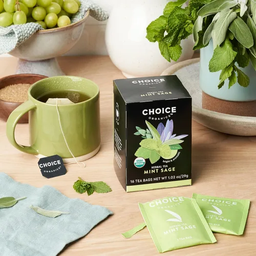 Vista 3 de Choice Organics - Té de salvia y menta, 16 bolsas de té Bolsas de té sin cafeína con menta refrescante y salvia terrosa, orgánico USDA, vegano