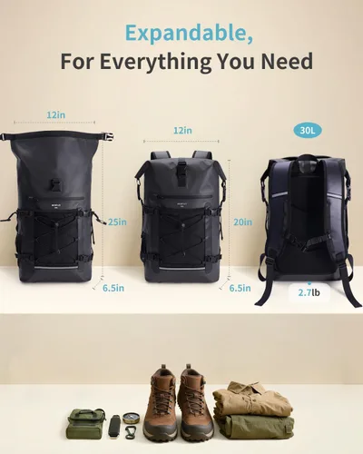 Vista 4 de ECOHUB Mochila impermeable para mujeres y hombres, bolsa seca resistente de 30L con cierre enrollable para viajes con funda impermeable IPX8