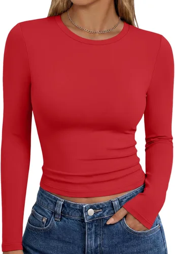 Vista 11 de Trendy Queen Camisetas de manga larga para mujer, camisetas básicas de Verde militar
