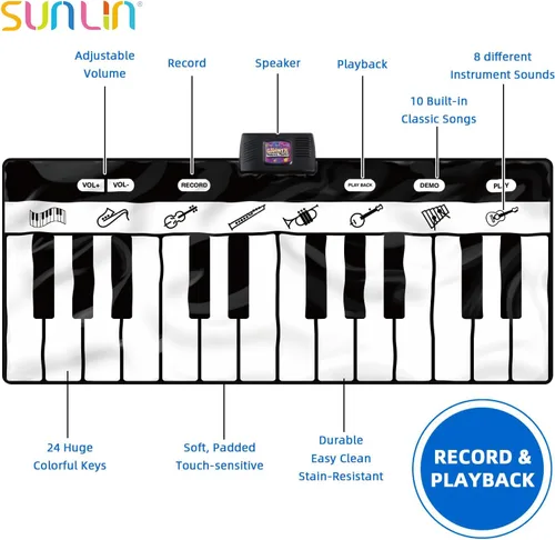 Vista 3 de SUNLIN Alfombrilla de piano de 6 pies, tapete de teclado de piso: 24 teclas, 10 demostraciones, 8 sonidos de instrumentos, grabación y reproducción