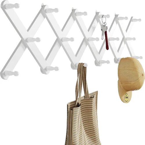 Vista 9 de OROPY Percha de pared de acordeón con 14 clavijas, perchero de madera nogal (Walnut Color)
