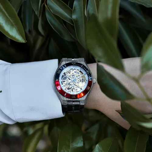 Vista 9 de 2win Reloj mecánico de madera para hombre, diseño de esqueleto, esfera transparente, acero inoxidable y madera de arce, logotipo personalizado, idea