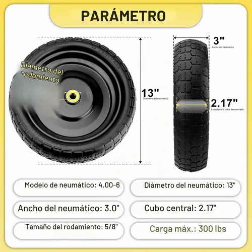 Vista 2 de Ruedas de 13 pulgadas para carritos Gorilla - Neumáticos de repuesto resistentes para carritos Gori-lla, neumático sin cámara de 13" para carritos