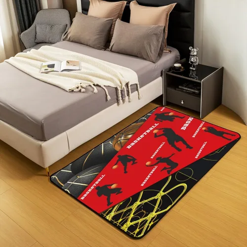Vista 3 de Erosebridal Alfombra de baloncesto de 3 x 5 pies para niños y niñas, alfombra de área de jugadores de baloncesto, color negro, rojo y dorado