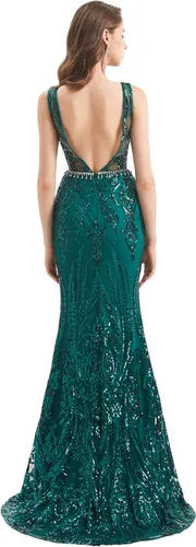Vista 4 de Vestido de noche formal de sirena sin mangas con lentejuelas en V sin espalda para mujer