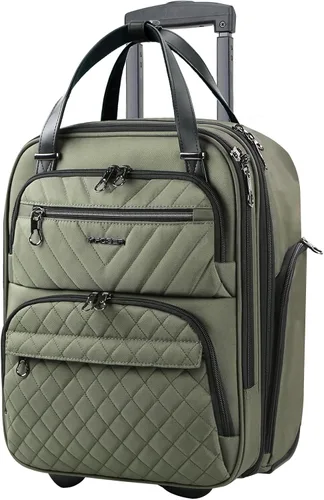 Vista 14 de KROSER - Equipaje de mano multifuncional para mujer, ligera, maleta para colocar debajo del asiento, 16 pulgadas, Verde militar