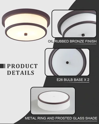 Vista 3 de Lámpara de techo empotrada de 12 pulgadas, Luminarias de techo de 2 luces pegadas al techo con acabado de bronce frotado con aceite para baño
