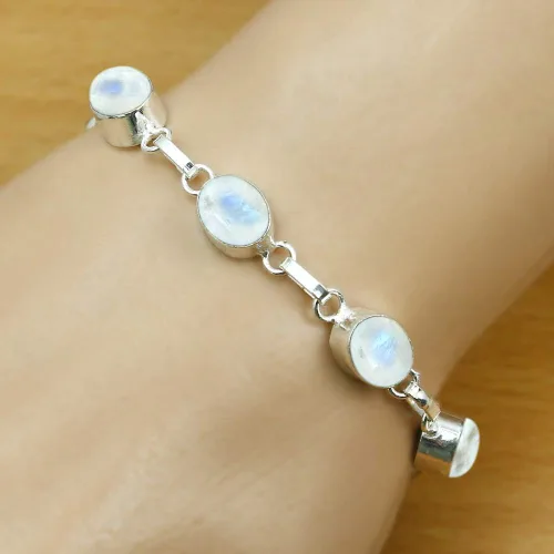 Vista 4 de Oval Shape Natural Gemstones Statement Bracelet for Women - 925 Silver Plated Handmade Birthstone Bohemian Vintage Style Women's Jewelry Gifts for