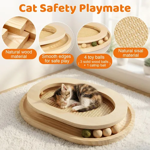 Vista 5 de Rascador para gatos, almohadilla rascador de sisal natural y juguete interactivo para gatitos con pista de bolas y bola de hierba gatera