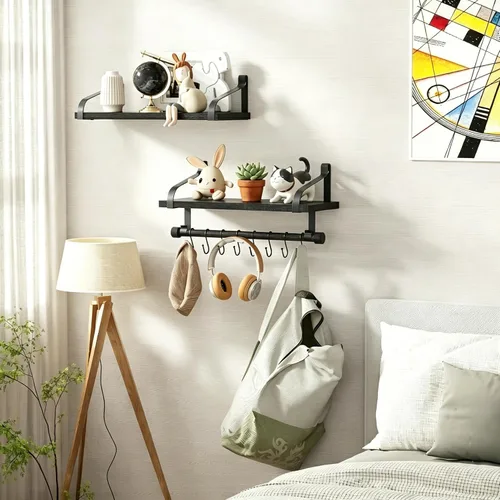 Vista 7 de Love-KANKEI Estantes flotantes para barra de café, estantes de baño con toallero, estantes de pared con 8 ganchos para cocina, juego de 2 estantes
