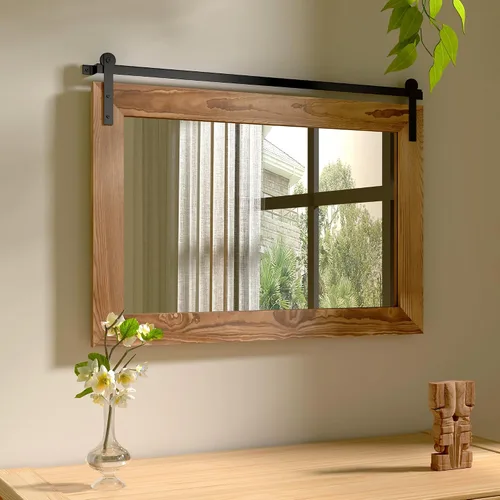 Vista 47 de COGOOD Espejo de puerta de granero de granja, 25 x 18 pulgadas, espejo decrativo con marco de madera rústica para baño, sala de estar, decoración