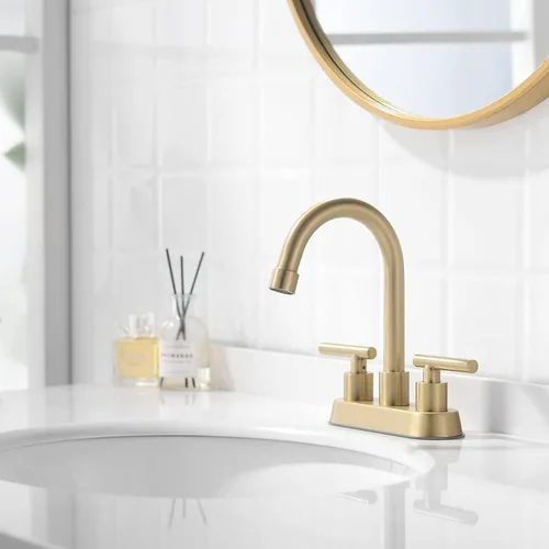 Vista 6 de llave de baño, grifo de fregadero de 2 manijas dorado, grifos de baño dorados, llave de fregadero central de 4 pulgadas con drenaje emergente