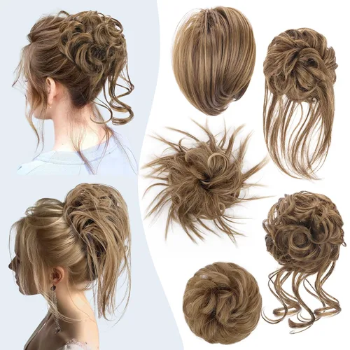 Vista 19 de HMD 5 piezas de moño despeinado para mujer, extensión de cabello con banda de goma elástica, extensión de cabello largo y desordenado, accesorios