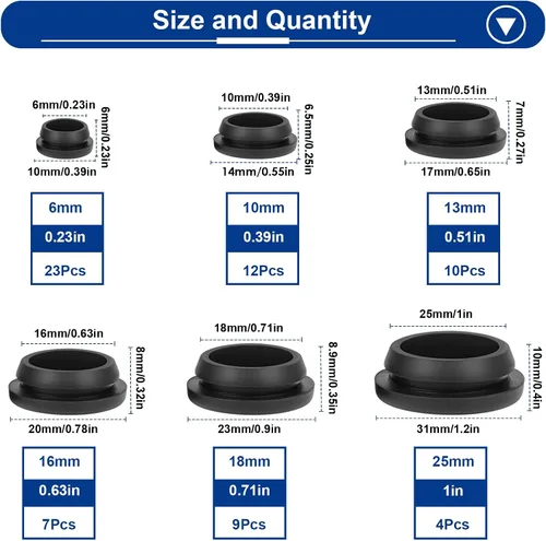 Vista 2 de Tnisesm 65 piezas 6 tamaños Tapones de goma negros para agujeros redondos, tapones de silicona, 1" 3/4" 5/8" 1/2" 3/8" 1/4" tapones de agujero