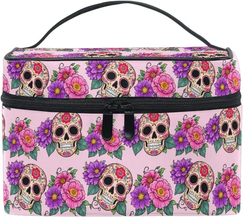 Vista 44 de Bolsa de Maquillaje, Estuche de Maquillaje Organizador de Viaje con Diseño de Calavera y Flores, Estuche de Cosméticos, Bolsas de Aseo para Niñas