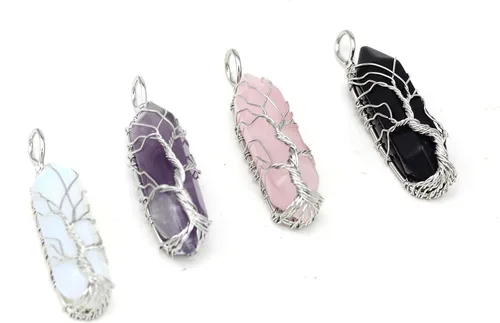 Vista 3 de Collar con colgante de alambre de piedra de cristal curativo punta hexagonal árbol de la vida joyería de reiki para mujeres y niñas PH18B ópalo
