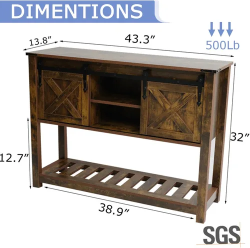 Vista 2 de Mesa de entrada de estilo granja con puertas corredizas de granero, mesa consola de madera con estante de almacenamiento, mesa de sofá rústica