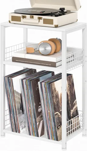 Vista 12 de Soporte para tocadiscos, mesa auxiliar de 3 niveles con almacenamiento de discos de vinilo, soporte para discos de vinilo de hasta 120 álbumes