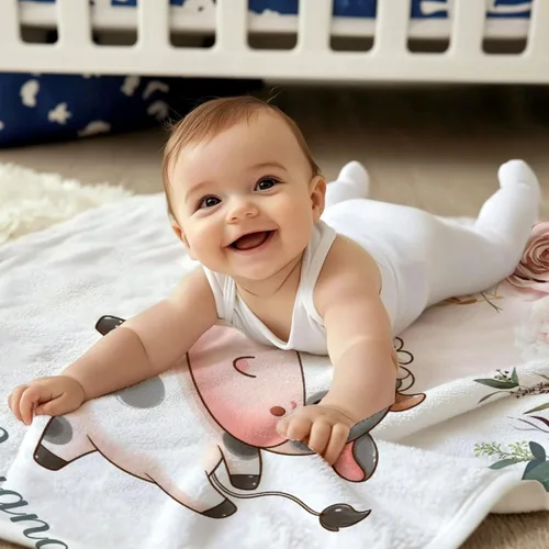 Vista 3 de Manta de bebé personalizada para niñas y niños pequeños, recién nacidos, regalos personalizados de vaca floral con nombre y texto, 40 x 30 pulgadas