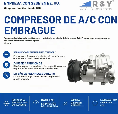 Vista 2 de Compresor de aire acondicionado automotriz RYC y embrague de A/C AEG371