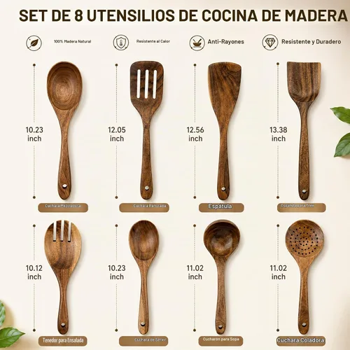 Vista 3 de Juego de utensilios de cocina de madera de teca prémium de 8 piezas, resistentes al calor, ligeras y resistentes, cucharas de madera para utensilios