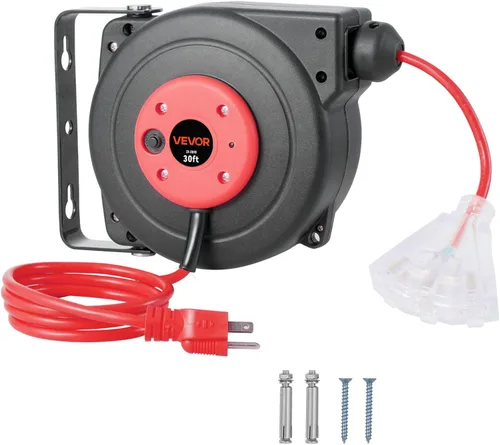Vista 8 de VEVOR Carrete de cable de extensión retráctil, 30 pies, carrete de cable de alimentación retráctil resistente 16AWG/3C SJTOW con toma triple Rojo