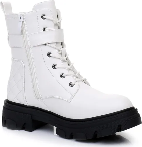 Vista 3 de GLOBALWIN Botas de combate para mujer, botines con cordones, cómodas botas de suela de lengüeta para mujer, tacón bajo grueso