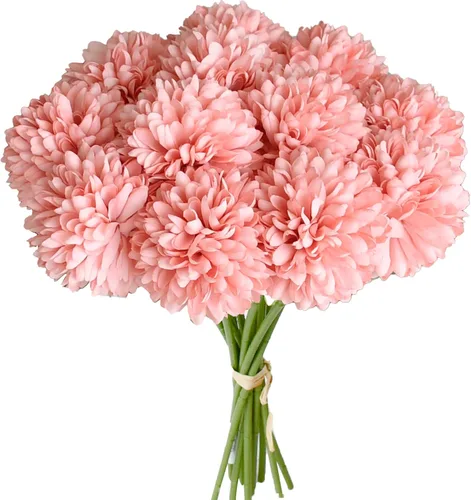 Vista 15 de Mandy's 6 tallos de seda beige Kiku flores de bola Tallos artificiales de crisantemo para decoración del hogar, verano, arreglo floral sintético