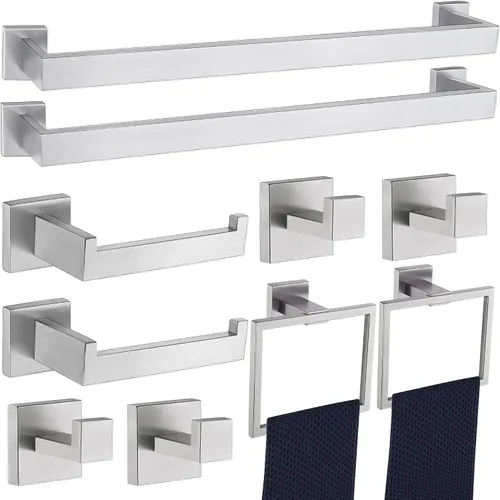 Vista 10 de Juego de 5 piezas de accesorios de ferretería para baño en negro mate, juego de toalleros cuadrados de 16 pulgadas para baño, juego de barras