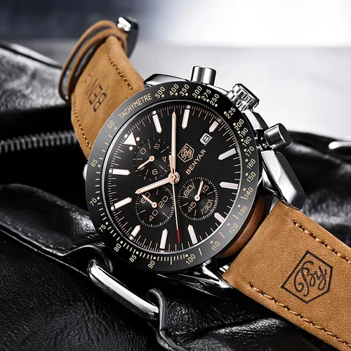 Vista 3 de BY BENYAR Reloj de pulsera para hombre Tienda analógico relojes para hombre negocios trabajo impermeable cronógrafo para hombre moda minimalista