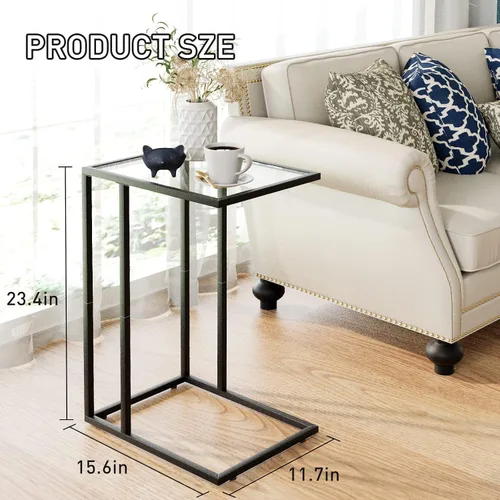 Vista 3 de Mesa auxiliar en forma de C, mesa auxiliar pequeña para sofá, mesa auxiliar de vidrio templado con marco de metal para espacios pequeños, sala
