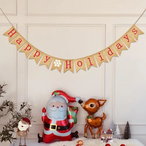 Vista 5 de GCQQ Bandera de Feliz Día Festivo - Banderas de Navidad de Burlap Pre-hiladas, Bandera Roja de Feliz Día Festivo para Interior con Copo de Nieve
