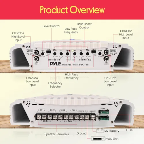 Vista 3 de Pyle Receptor de amplificador marino Bluetooth 2.1, amplificador de audio inalámbrico de 4 canales impermeable para altavoz estéreo con fuente