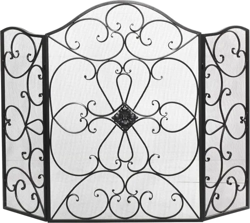 Vista 2 de Deco 79 Pantalla de metal para chimenea, pantalla de 49 x 1 x 36 pulgadas El panel plegable de la guardia 3 de la chispa del fuego de la voluta