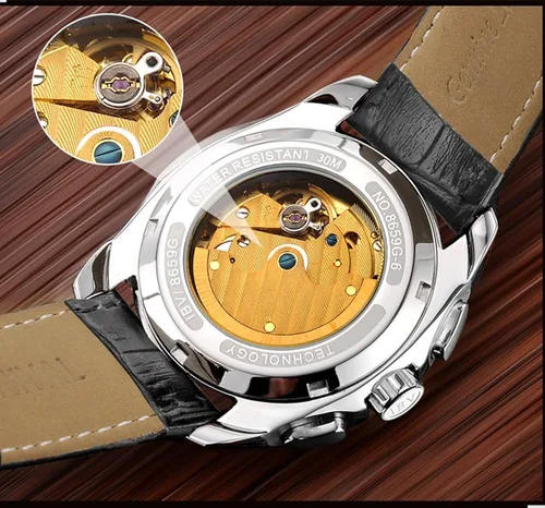 Vista 4 de Swiss Brands - Reloj automático de acero inoxidable con correa de piel auténtica marrón para hombre