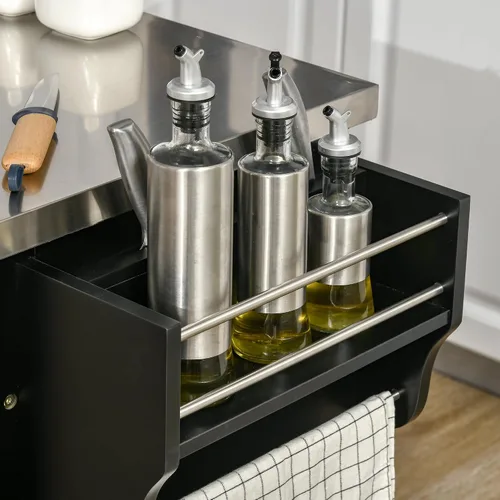 Vista 9 de HOMCOM Isla de cocina sobre ruedas, carrito de cocina rodante con encimera de acero inoxidable, cajón, toallero y estante de especias, carrito