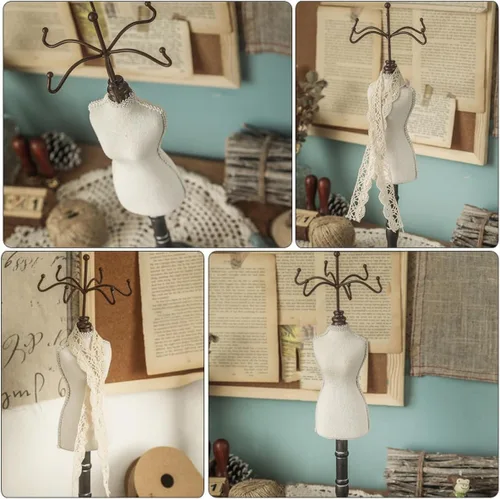 Vista 3 de DOITOOL Wooden Retro Jewelry Holder Organizer with Mannequin Design, Necklace Display Stand and Earring Tree for Home Desktop Storage and Decorative