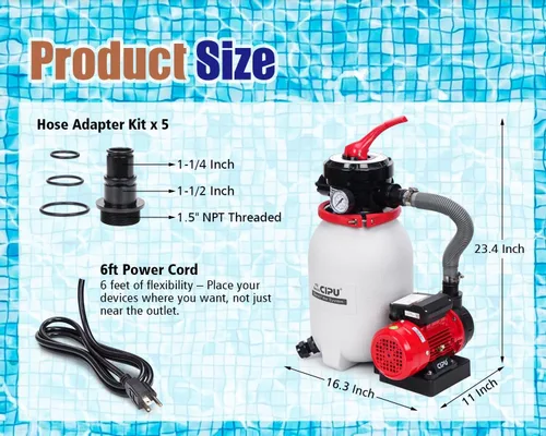 Vista 5 de CIPU Sistema de bomba de filtro de arena de 10 pulgadas, práctica válvula de 4 vías para piscinas sobre el suelo con bomba de piscina de 0.25 HP 115