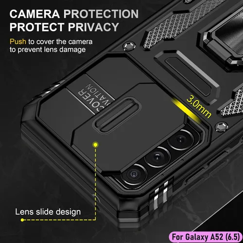 Vista 4 de Funda resistente para Samsung Galaxy A52 (5G), protector de parachoques de goma de doble capa de grado militar con protector de cámara deslizante