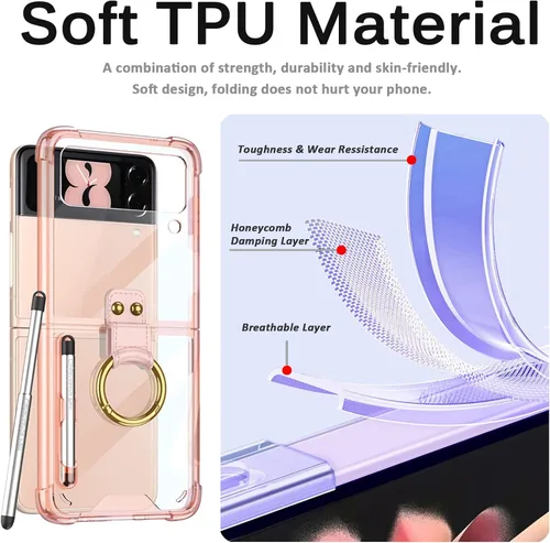 Vista 10 de Miimall Funda compatible con Samsung Galaxy Z Flip 4 2022 con bolígrafo, funda ultradelgada Flip 4 con soporte para anillo, TPU suave + PC, a prueba
