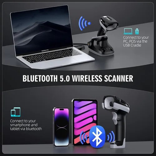 Vista 2 de TEEMI TMSL-59CR escáner industrial 2D Bluetooth con cuna y batería IP54, sensor CMOS de megapíxeles, rango de 820.2 ft, lector de código QR 2D