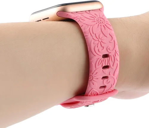 Vista 5 de Correa deportiva de silicona con grabado floral compatible con Apple Watch de 1.575 in, 1.614 in, 1.496 in, 1.654 in, 1.732 in, 1.772 in y 1.929 in