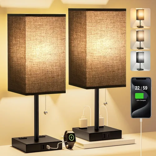 Vista 11 de Fenmzee Juego de 2 lámparas de noche para dormitorio, pequeña lámpara rectangular para mesita de noche con puerto de carga USB A C, luz
