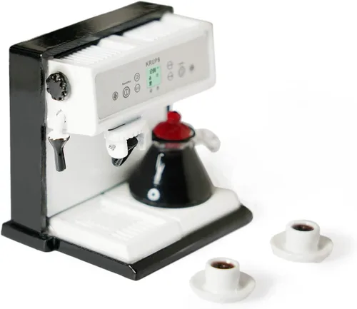 Vista 5 de Cafetera en miniatura con olla y 2 tazas, accesorios para casa de muñecas 1:12, máquina de café, decoración artificial de la casa, decoración