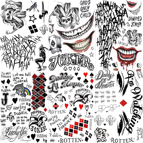 Vista 8 de EGMBGM 5 hojas de tatuajes temporales de Joker 3D para hombres, mujeres y adultos, kit de maquillaje de Halloween, payaso fantasma, sonrisa