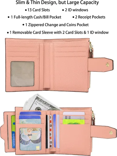 Vista 2 de AINIMOER - Cartera de piel con bloqueo RFID para mujer, tamaño pequeño, compacta, doble zíper, con ventana para identificación